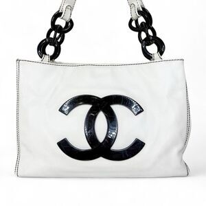 Rare Vintage CHANEL Black and White CC Logo Chain Dual Top Handle Tote